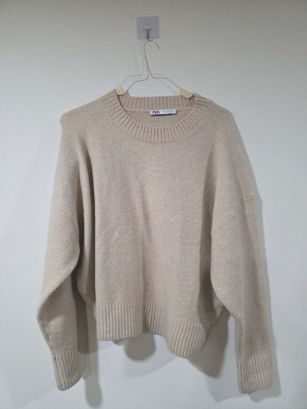 Zara Oversized Crewneck Knit Sweater Beige Size L